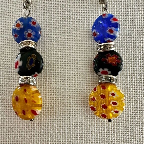 Millefiori Murano Glass  Multi-Colored Round Dangle Earrings - Picture 2 of 8